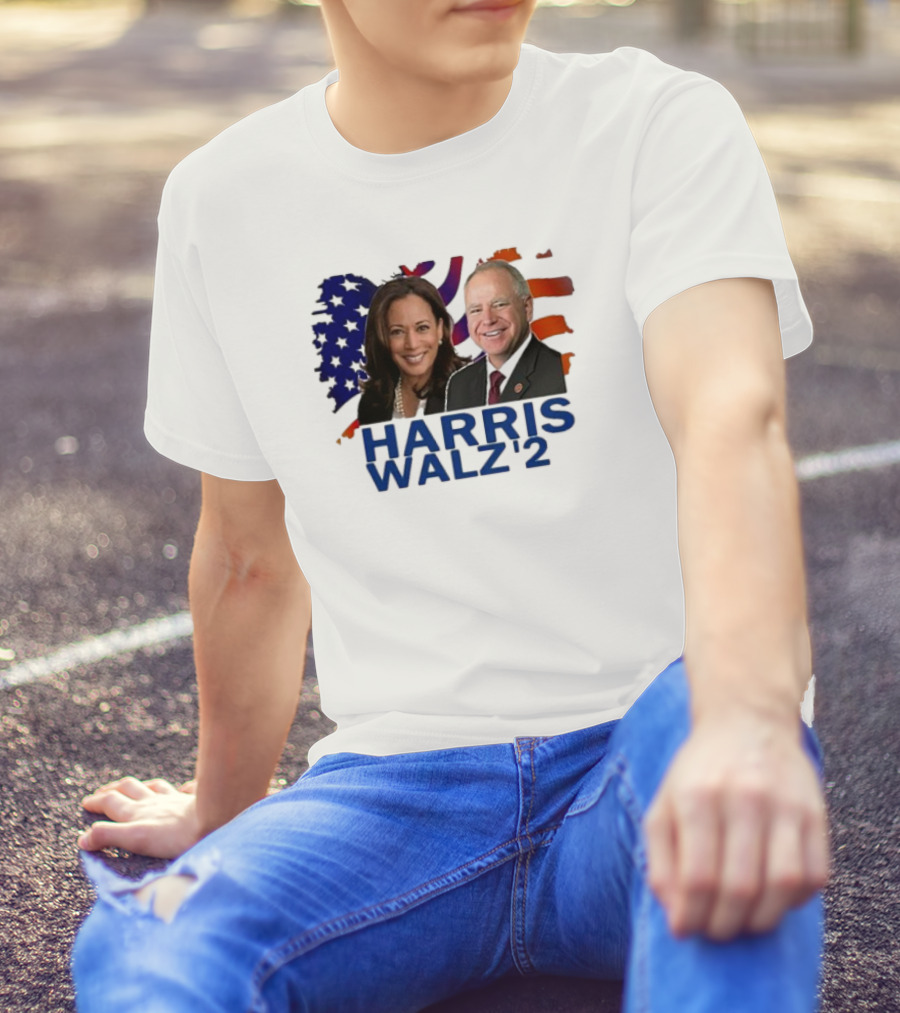 Harris Walz 2024 Democrat Rally American Flag Background T-Shirt