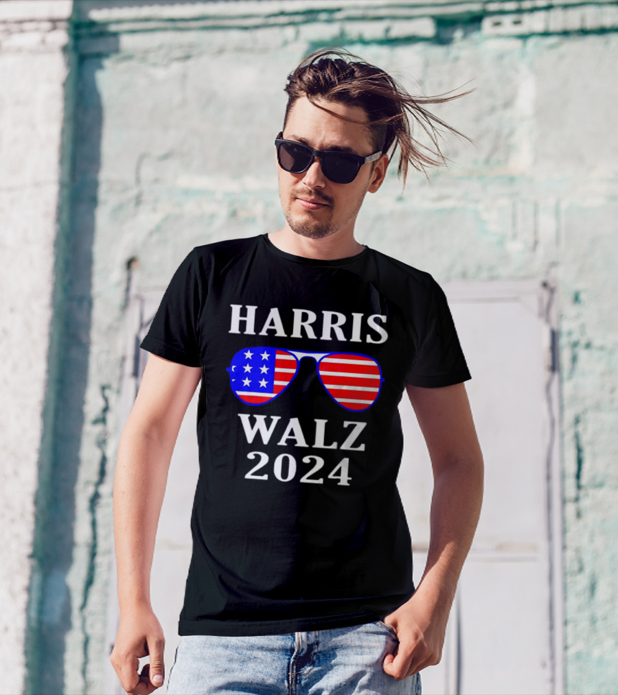 Harris Walz 2024 USA Flag Aviator Sunglasses T-Shirt