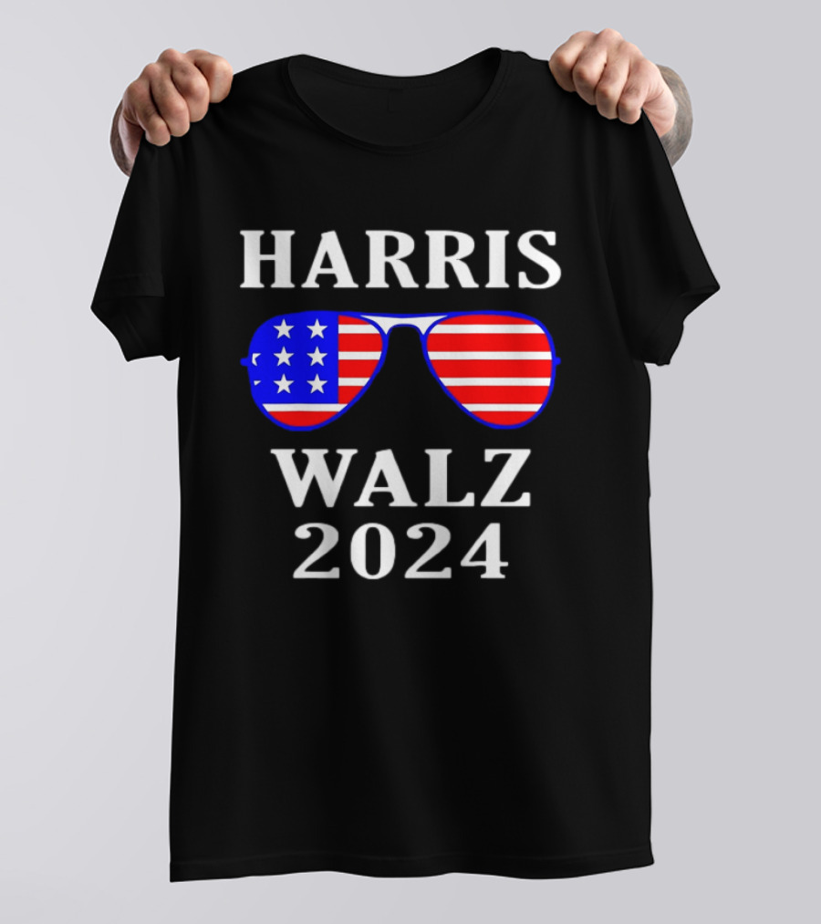 Harris Walz 2024 USA Flag Aviator Sunglasses T-Shirt