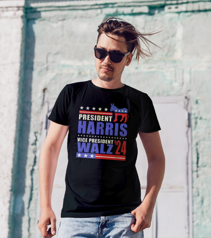 President Harris Vice President Walz 2024 Stars Stripes Democratic Donkey T-Shirt