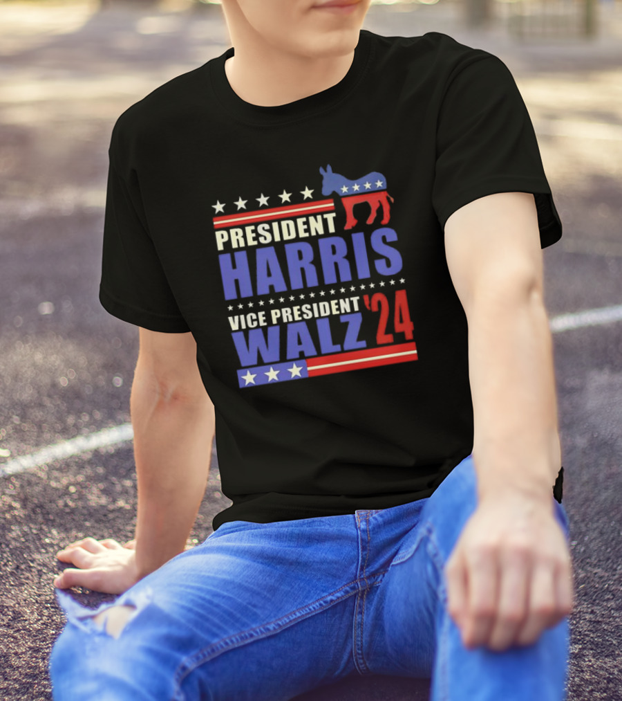 President Harris Vice President Walz 2024 Stars Stripes Democratic Donkey T-Shirt