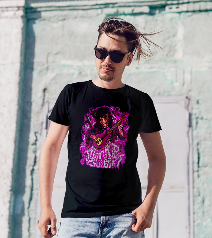 Zombie Johnnie Guilbert Playing Guitar With Pink Crosses And Skull T-Shirt