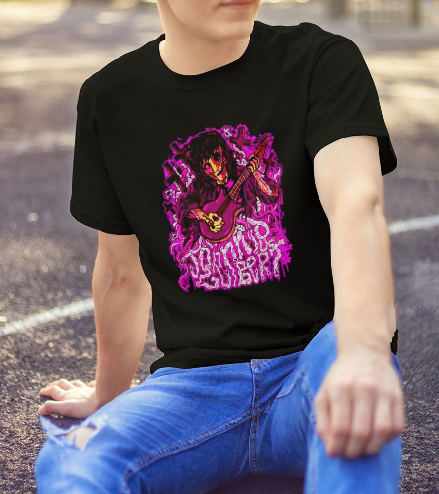 Zombie Johnnie Guilbert Playing Guitar With Pink Crosses And Skull T-Shirt