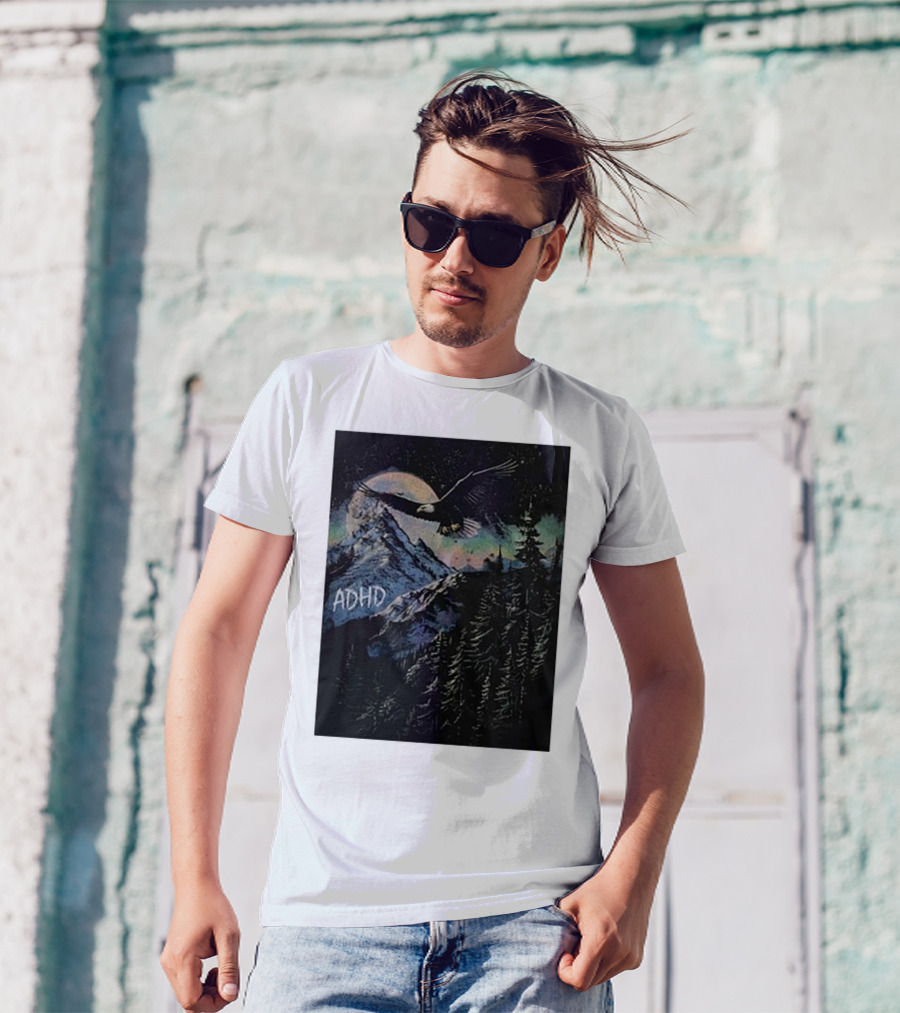 Wavey Goods ADHD Eagle Flying Over Mountains In Starry Night Sky T-Shirt