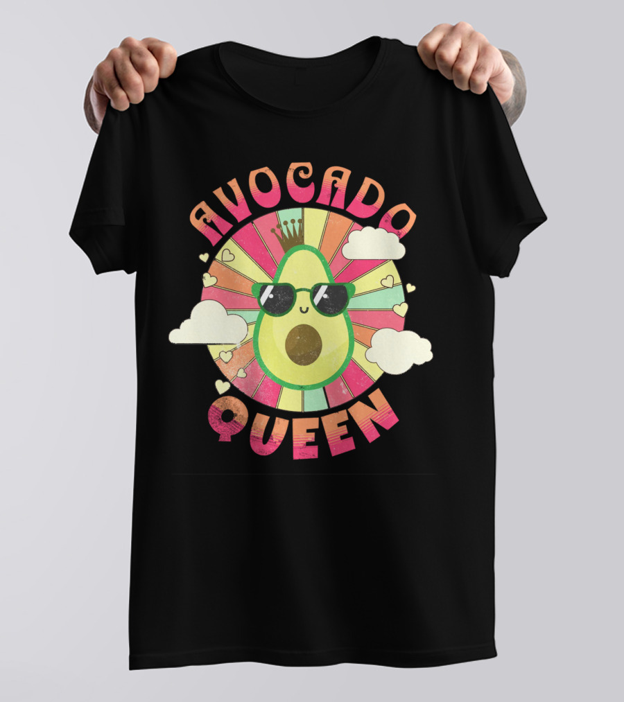 Avocado Queen Kawaii Crown Sunglasses Retro Sunburst Hearts Clouds T-Shirt
