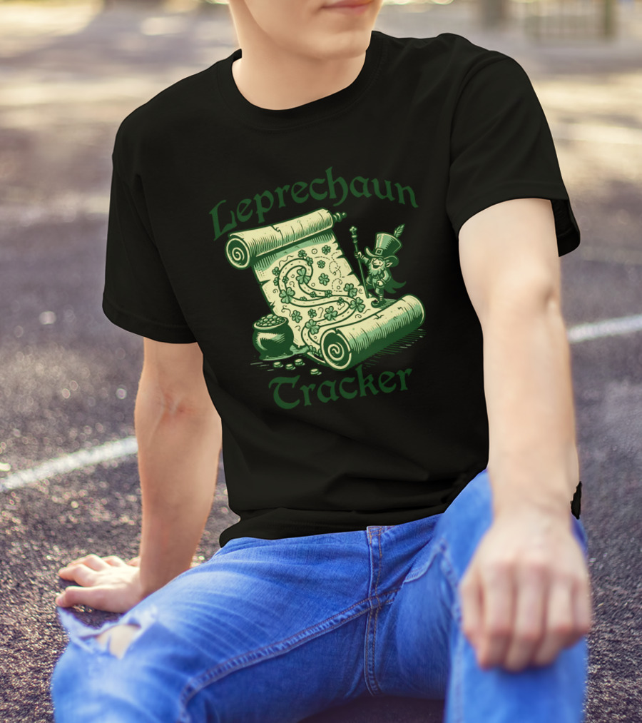 Leprechaun Tracker Map Scroll With Pot Of Gold And Lucky Clover Path T-Shirt
