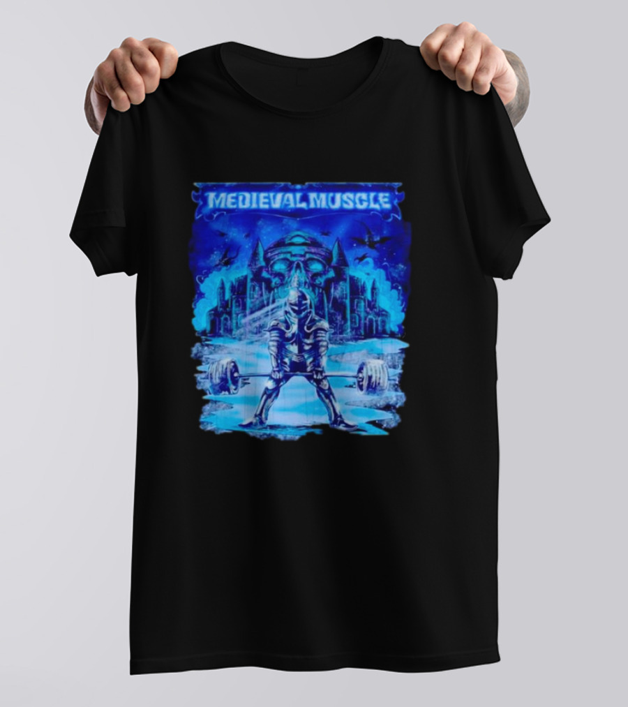 Medieval Muscle Knight Lifting Weights In Gothic Castle Scene T-Shirt