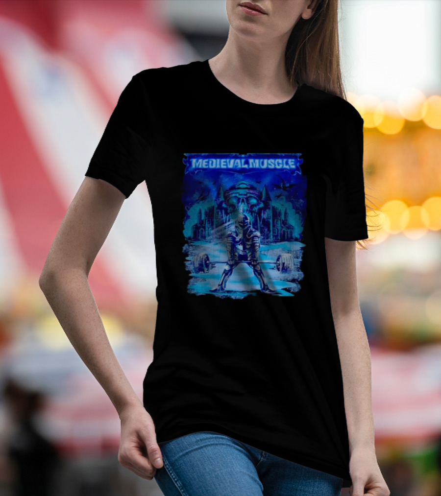 Medieval Muscle Knight Lifting Weights In Gothic Castle Scene T-Shirt