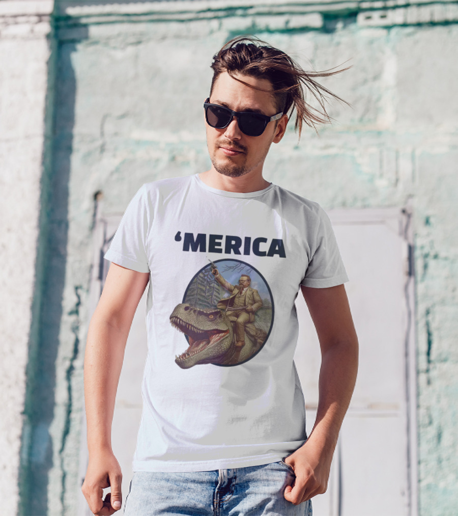 Macrodosing 'Merica Roosevelt Riding Dinosaur With Gun T-Shirt