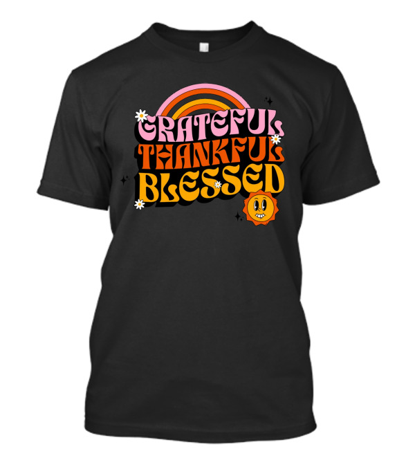 Grateful Thankful Blessed Retro Rainbow Sunflower Smiley Face T-Shirt