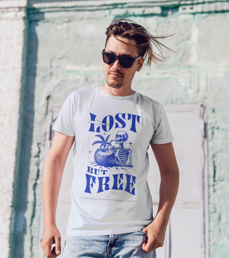 Lost But Free Skeleton With Coconut Drink Beach Vintage T-Shirt