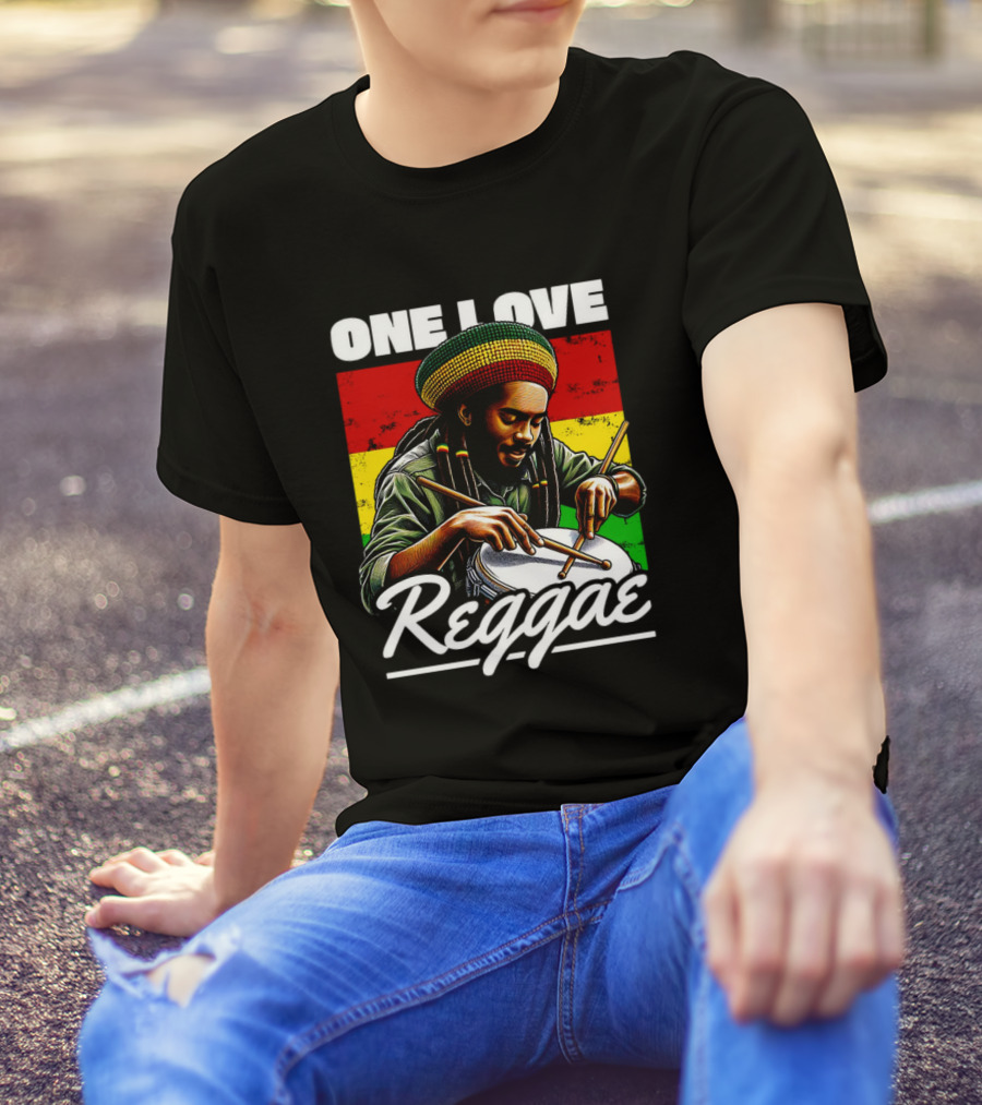 One Love Reggae Drummer With Rasta Colors T-Shirt