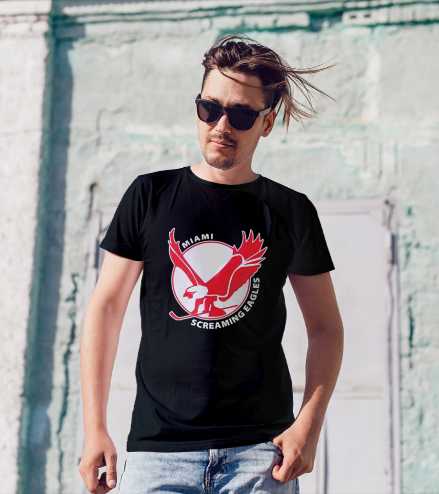Miami Screaming Eagles Hockey Red Eagle Emblem T-Shirt