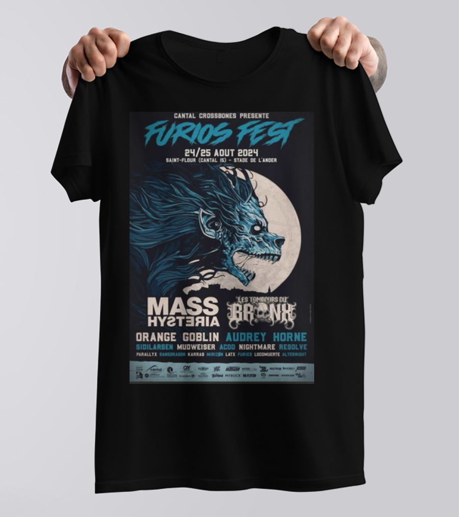 Cantal Crossbones Presente Furios Fest 2024 Mass Hysteria Orange Goblin Audrey Horne 24/25 Aout Saint-Flour Les Tambours Du Bronx T-Shirt