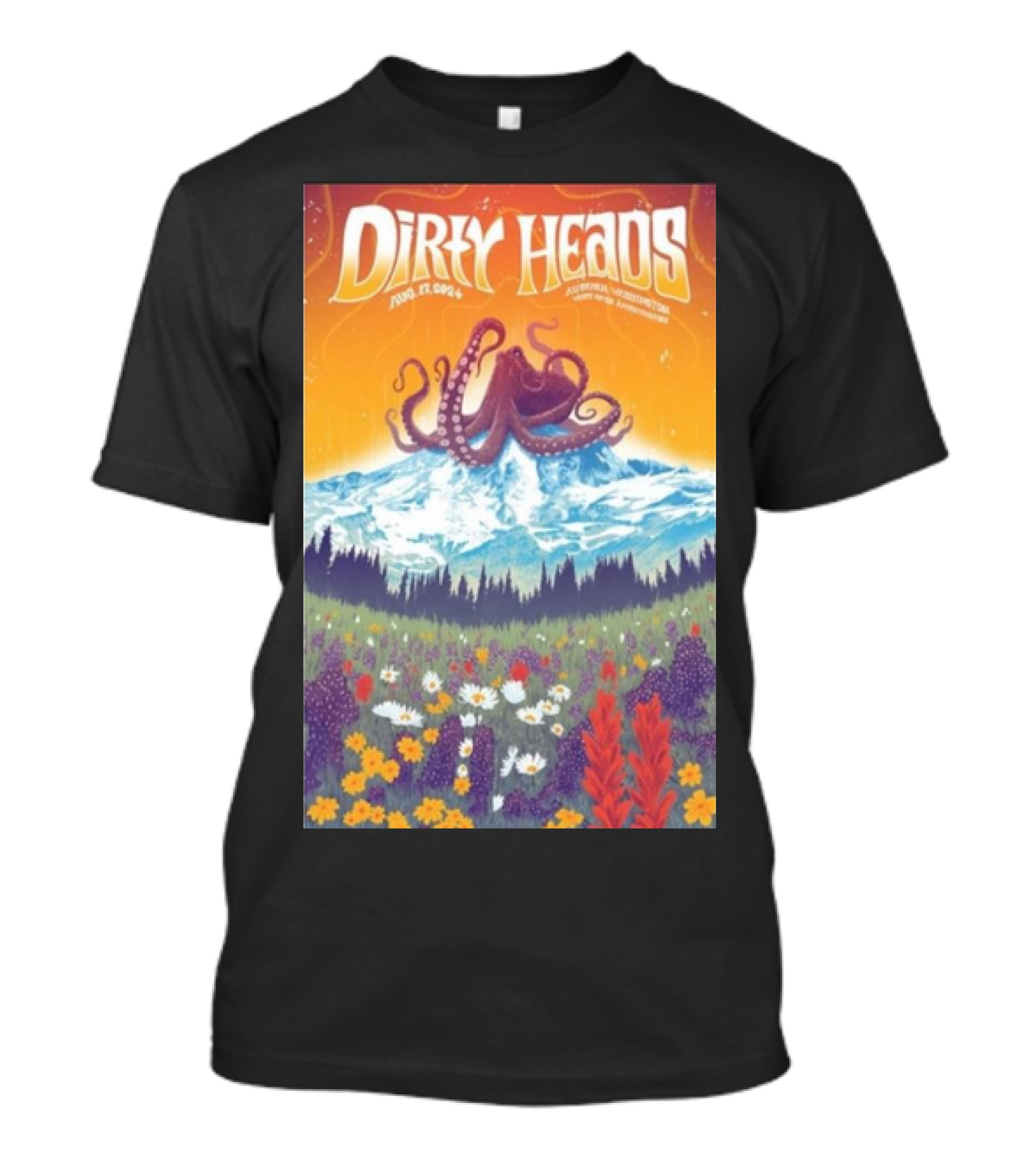 Dirty Heads Aug 17 2024 At White River Amphitheatre With Octopus Mountain Scene And Floral Meadow T-Shirt