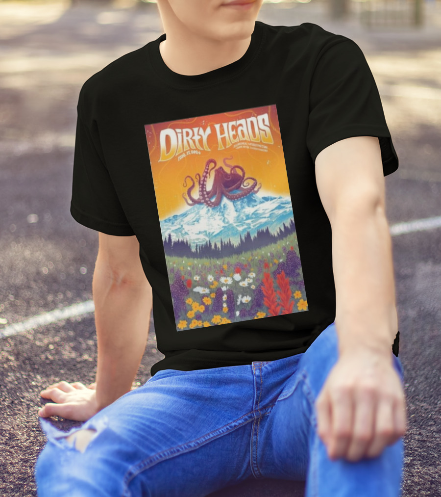 Dirty Heads Aug 17 2024 At White River Amphitheatre With Octopus Mountain Scene And Floral Meadow T-Shirt