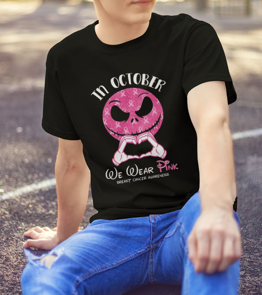 In October We Wear Pink Breast Cancer Awareness Jack Skellington T-Shirt