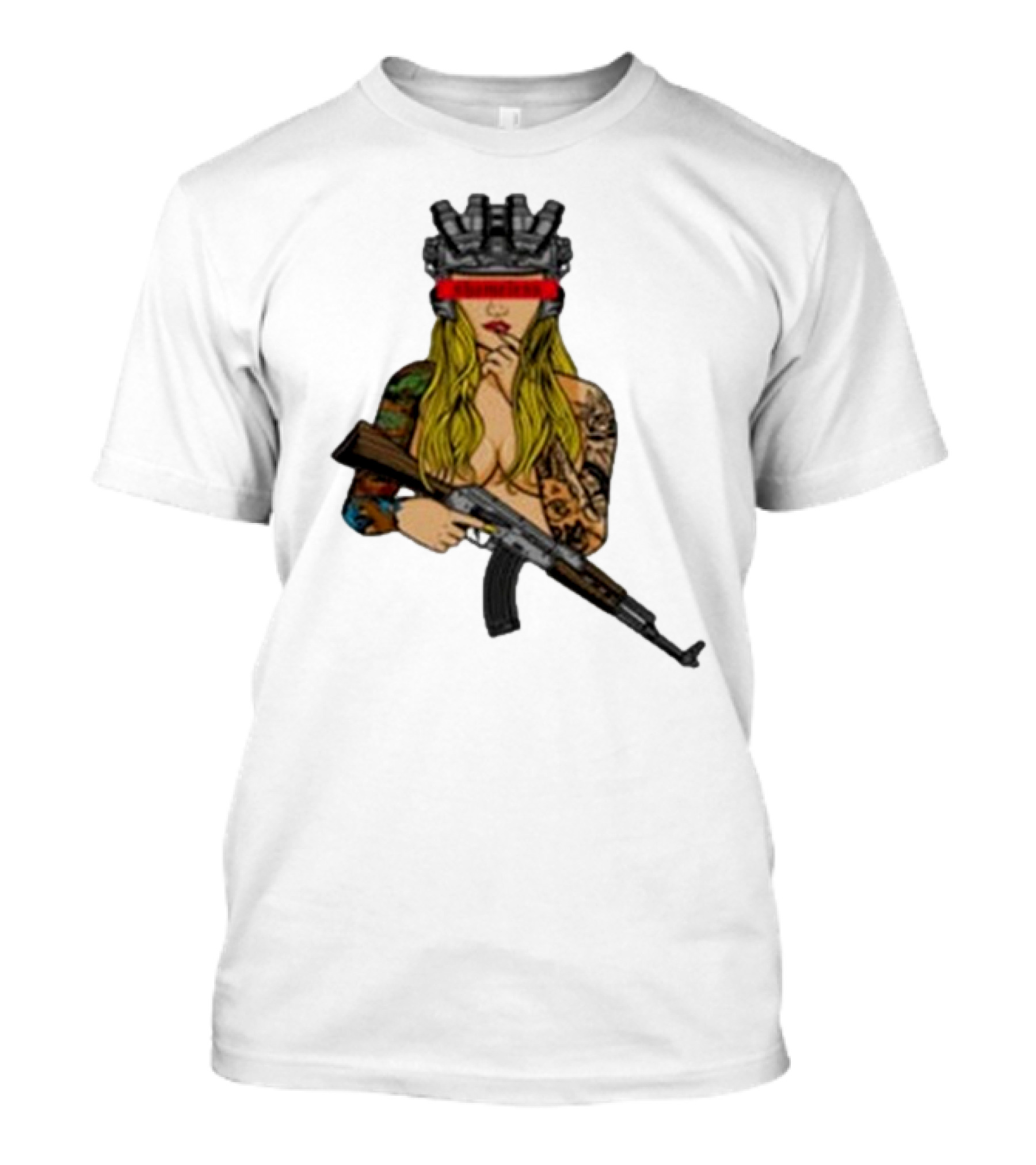 Shameless AK 2024 Futuristic Warrior With Tattoos And Rifle T-Shirt