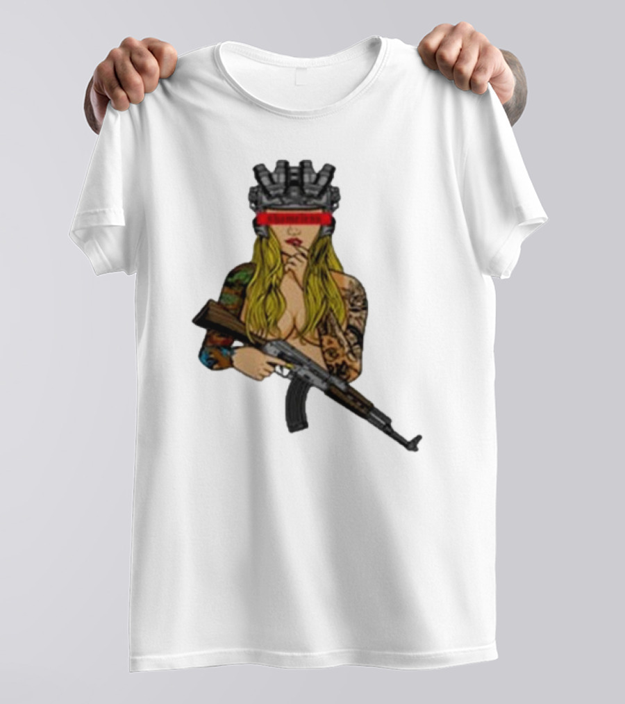 Shameless AK 2024 Futuristic Warrior With Tattoos And Rifle T-Shirt