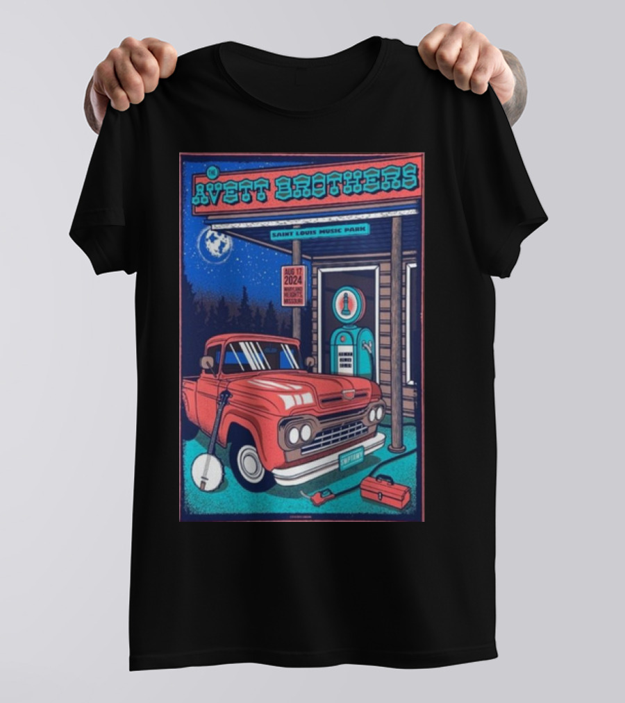 The Avett Brothers Concert Poster Saint Louis Music Park Maryland Heights MO August 17 2024 Retro Truck Bluegrass Banjo Moonlit Night Scene T-Shirt