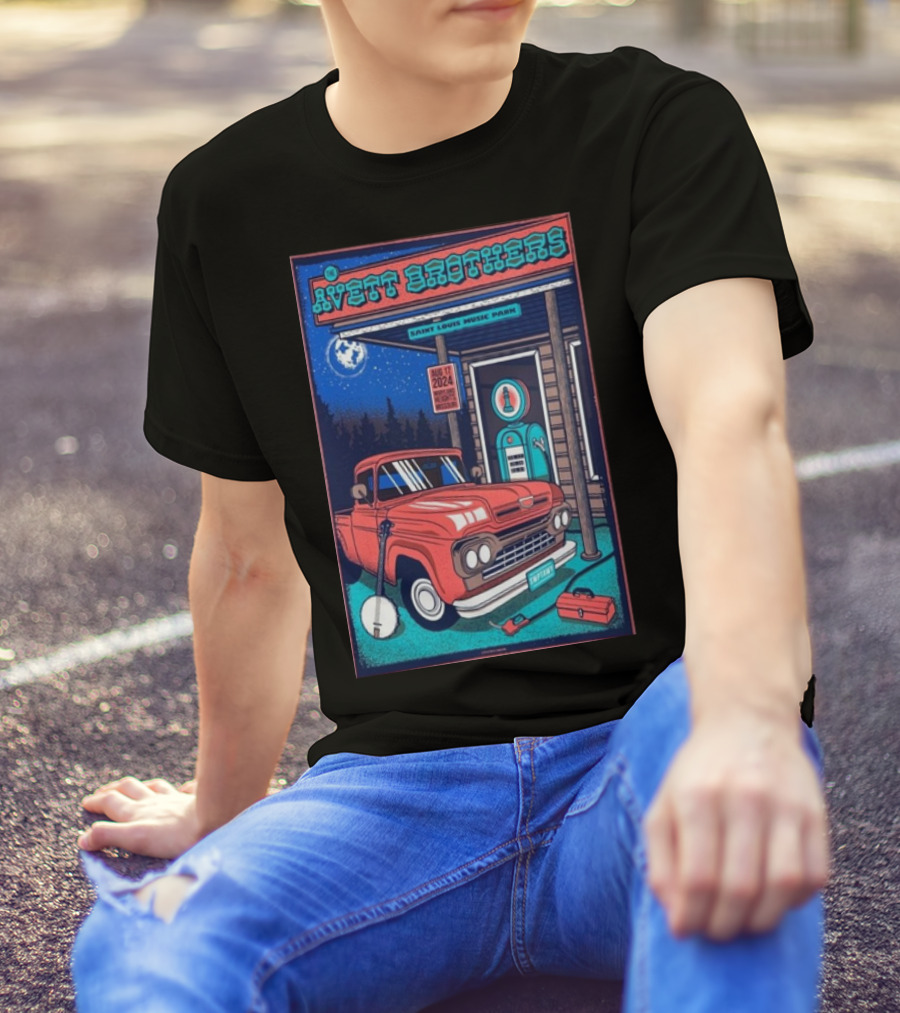 The Avett Brothers Concert Poster Saint Louis Music Park Maryland Heights MO August 17 2024 Retro Truck Bluegrass Banjo Moonlit Night Scene T-Shirt