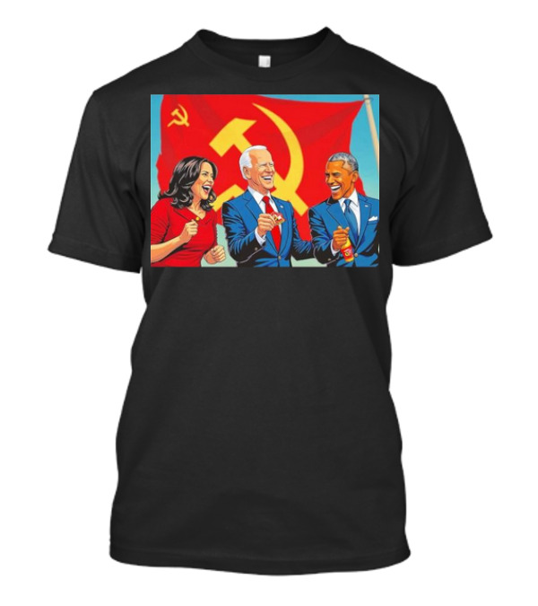 Harris Biden Obama Cartoon In Front Of Communism Flag T-Shirt
