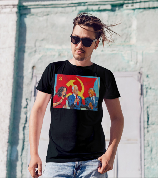 Harris Biden Obama Cartoon In Front Of Communism Flag T-Shirt