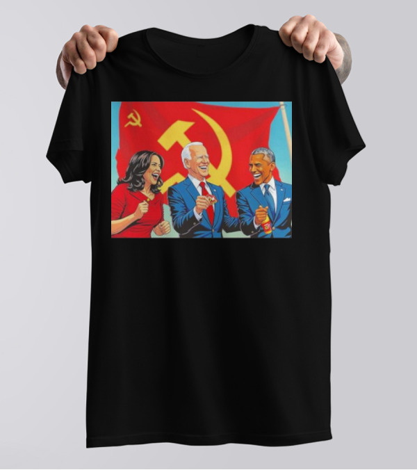 Harris Biden Obama Cartoon In Front Of Communism Flag T-Shirt