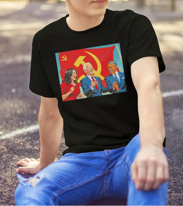 Harris Biden Obama Cartoon In Front Of Communism Flag T-Shirt