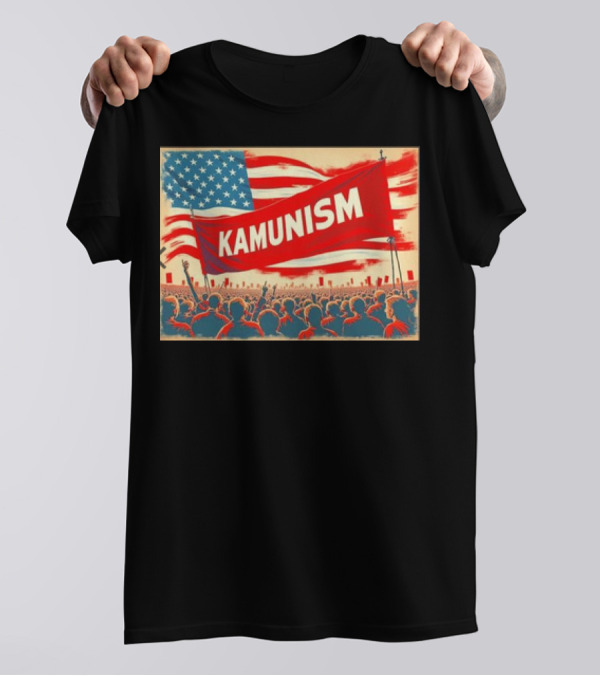 Kamunism Crowd Kamala Harris American Flag Red Banner Retro Propaganda T-Shirt