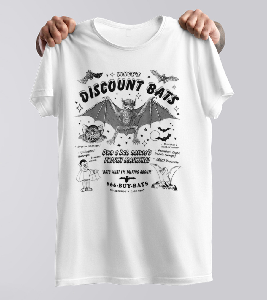 Vince's Discount Bats Unlimited Swoops Fright Machine 666-Buy-Bats T-Shirt