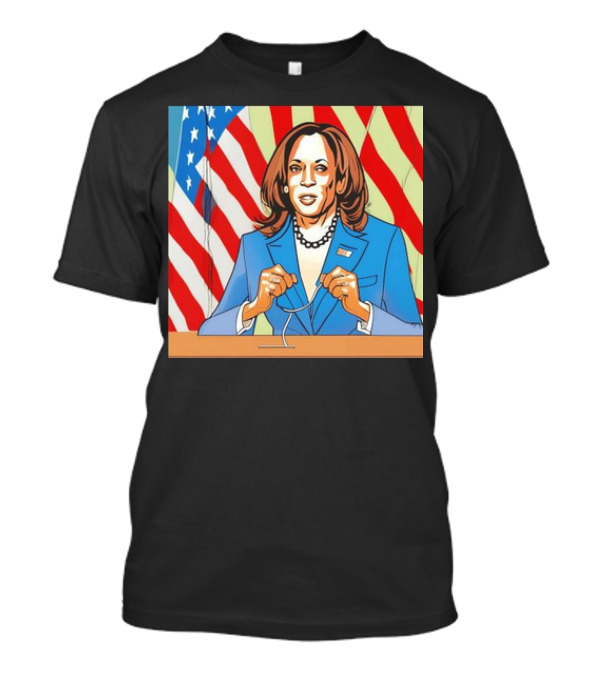 Vice President Kamala Harris Cartoon American Flag Background T-Shirt