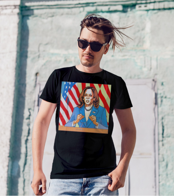 Vice President Kamala Harris Cartoon American Flag Background T-Shirt