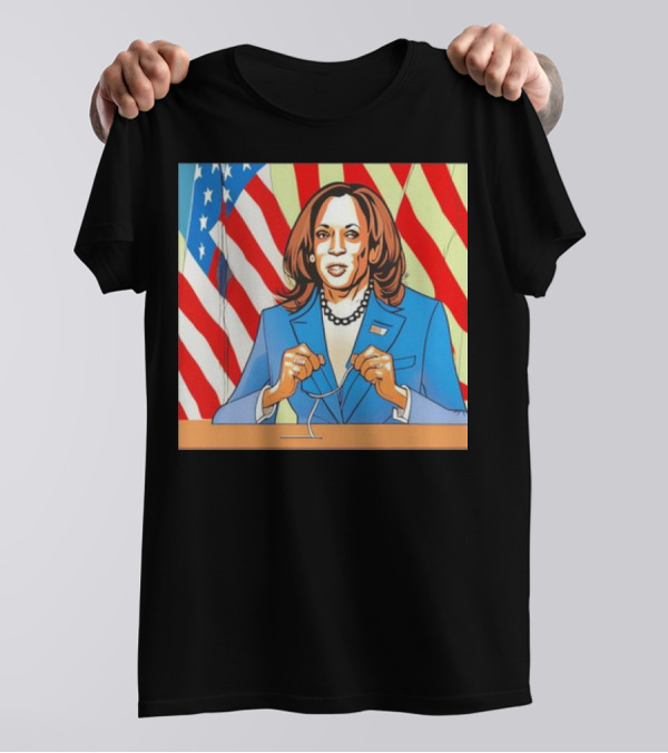 Vice President Kamala Harris Cartoon American Flag Background T-Shirt