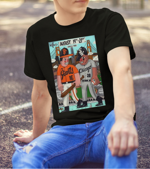 White Sox Vs Giants August 19-21 2024 Oracle Park San Francisco Featuring Cartoon Baseball Players Golden Gate Bridge Backdrop T-Shirt