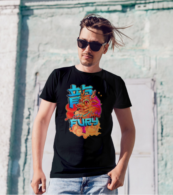 Dragon Fury Vibrant Mythical Creature With Neon Chinese Characters T-Shirt