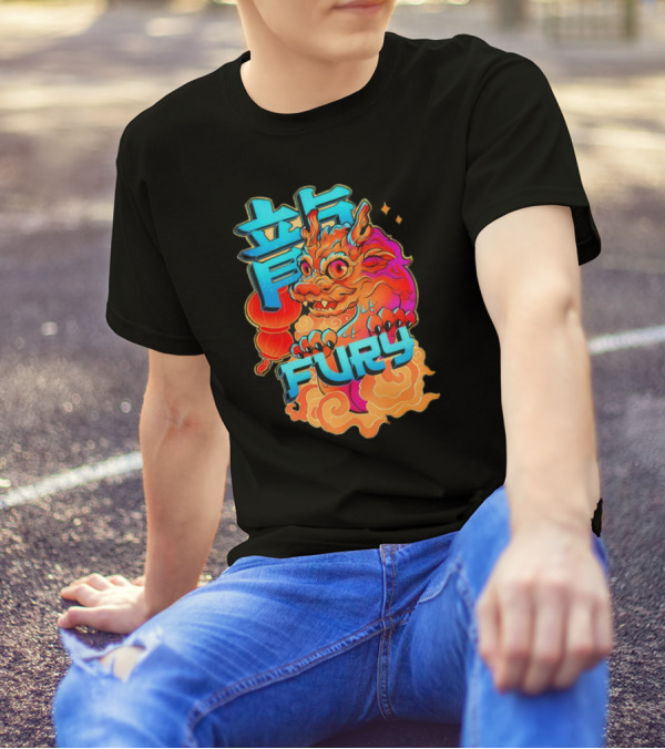Dragon Fury Vibrant Mythical Creature With Neon Chinese Characters T-Shirt