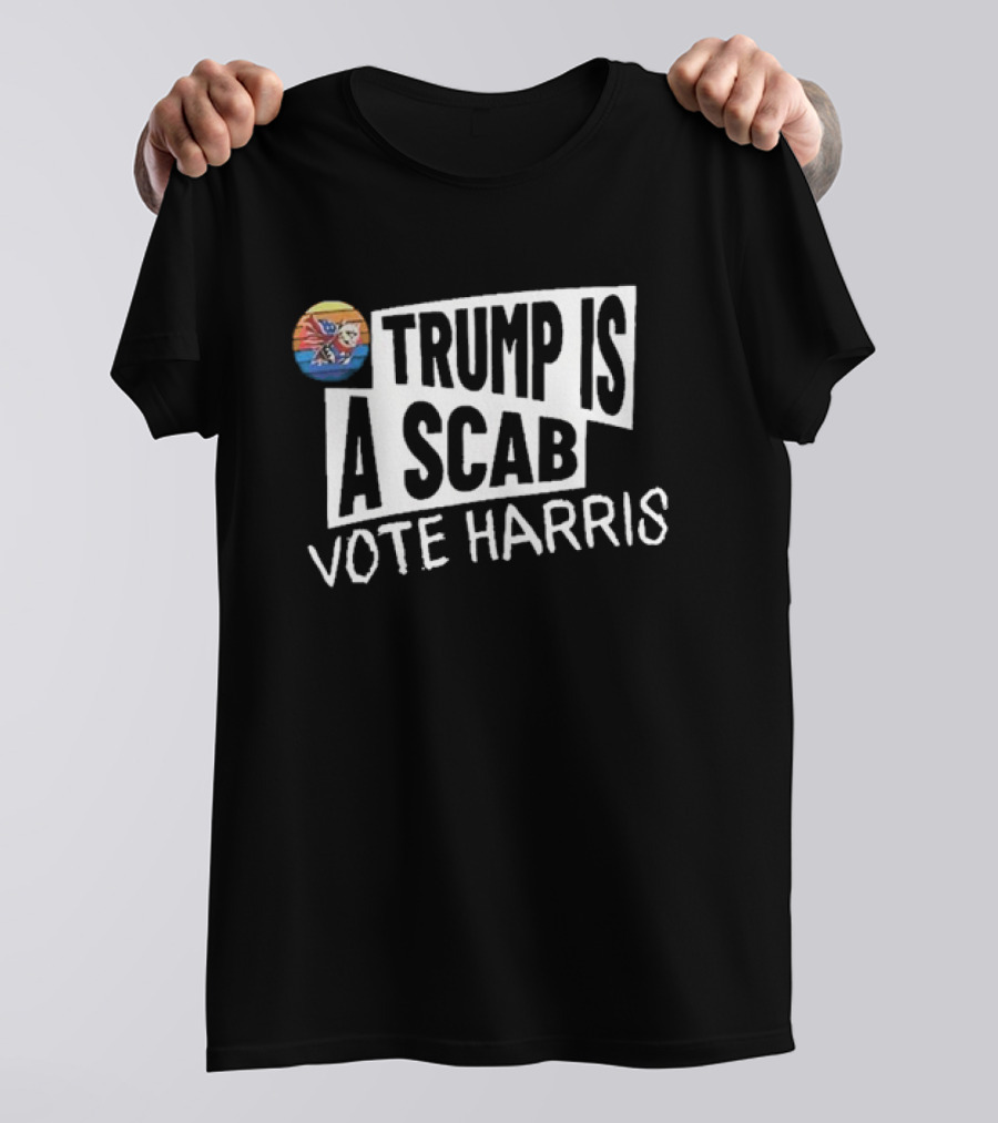 Trump Is A Scab Vote Harris Cat With US Flag Badge T-Shirt