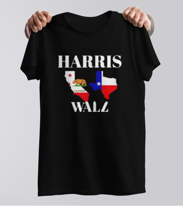Harris Walz California Texas Map State Bear Star Flag T-Shirt