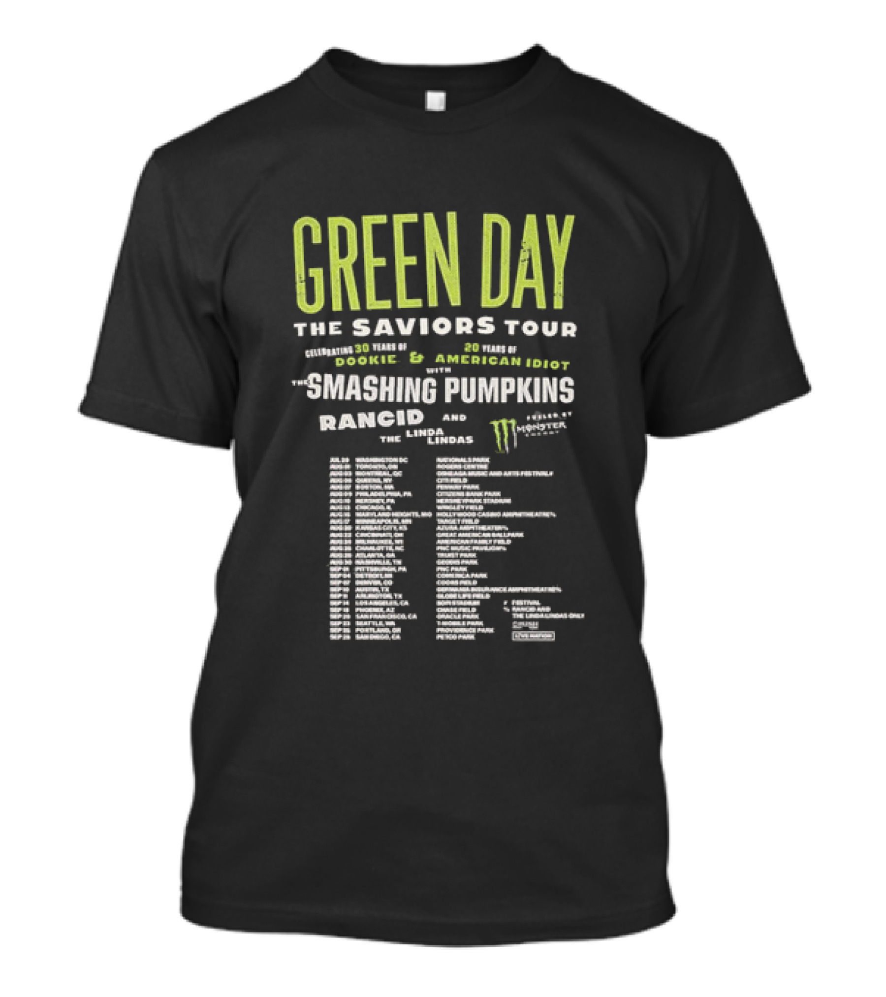 Green Day The Saviors Tour Smashing Pumpkins Rancid Celebrating 30 Years Of Dookie And American Idiot 2024 Schedule T-Shirt