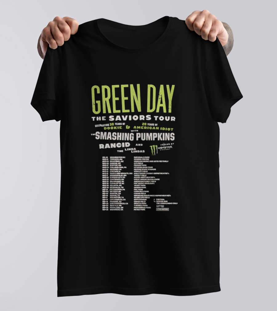 Green Day The Saviors Tour Smashing Pumpkins Rancid Celebrating 30 Years Of Dookie And American Idiot 2024 Schedule T-Shirt