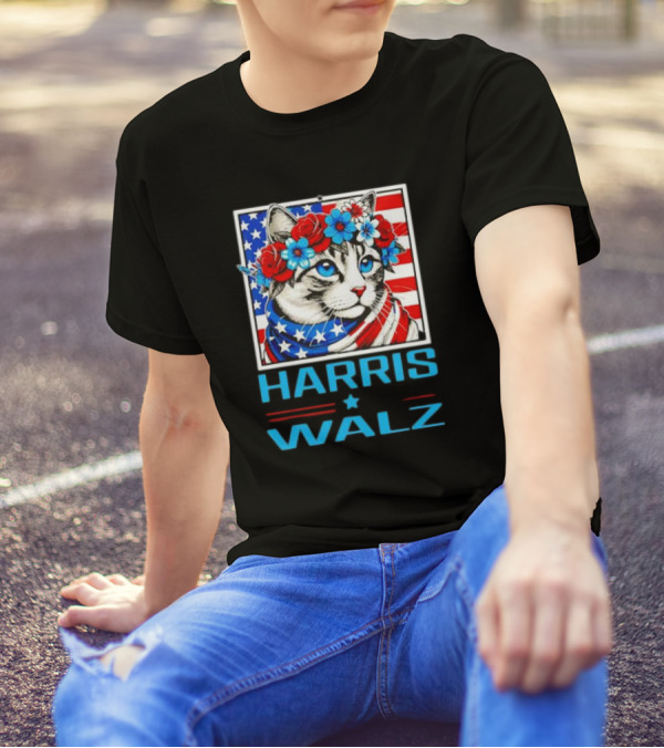 Harris Walz Cat Lady Floral Headband USA Flag T-Shirt