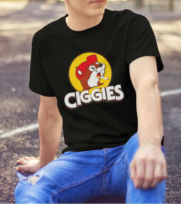 Buc-ees Ciggies Beanie Wearing Animal Carton Smoking Humorous T-Shirt