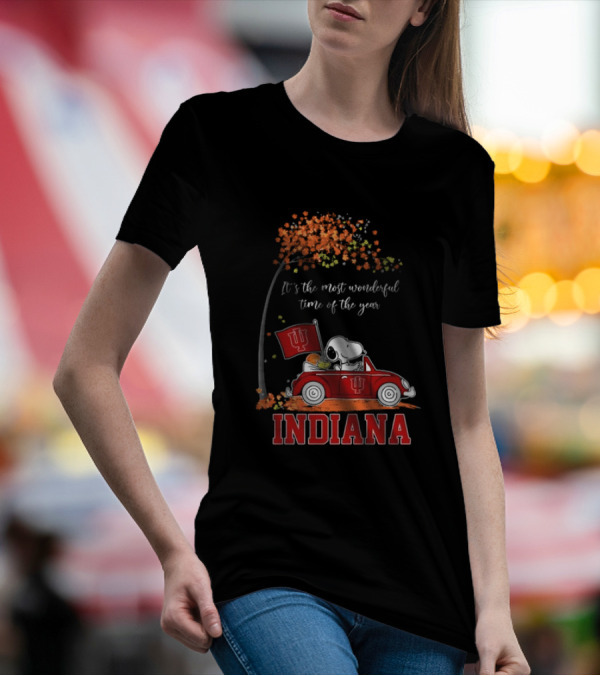 Indiana Hoosiers Snoopy And Woodstock Driving Car Fall It’s The Most Wonderful Time Of The Year T-Shirt