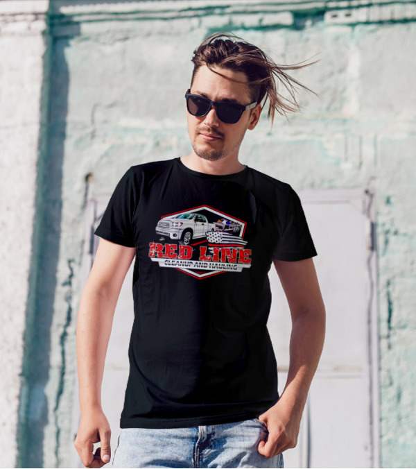 Red Line Cleanup And Hauling Truck And American Flag T-Shirt