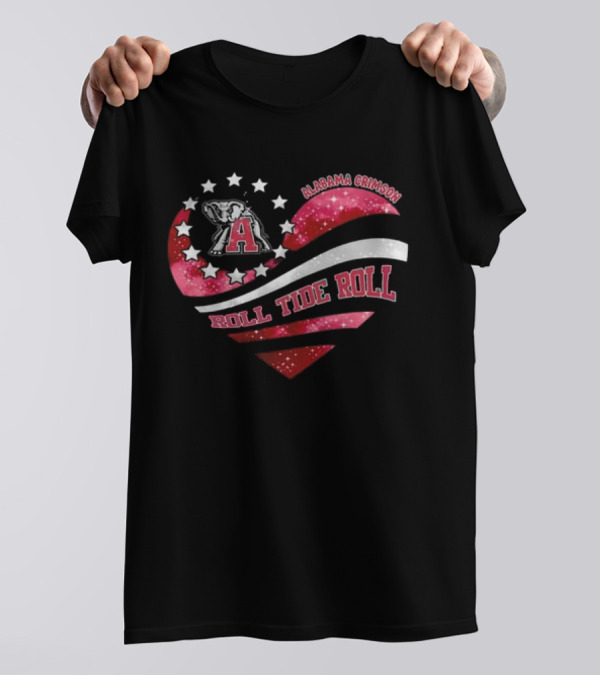 Alabama Crimson Roll Tide Roll Heart With Elephant And Stars T-Shirt