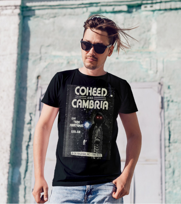 Coheed And Cambria 8/26 Raleigh NC The Ritz With Teen Mortgage Olivia Jean Mysterious Hooded Figure With Cosmic Background T-Shirt