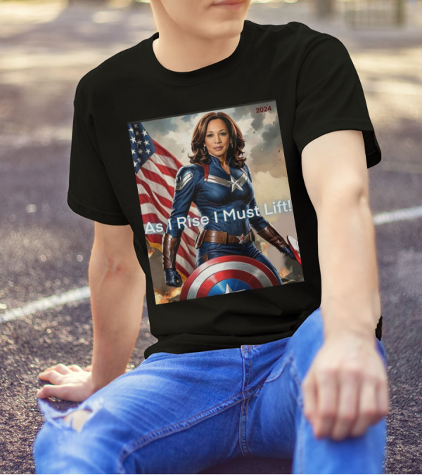 Kamala Harris Captain Marvel 2024 As I Rise I Must Lift USA Flag Shield T-Shirt