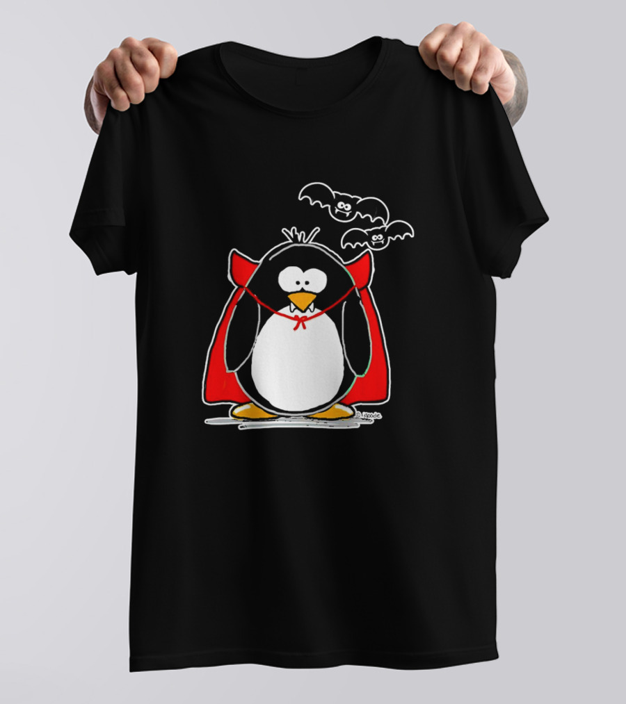 Halloween Vampire Penguin With Red Cape And Bats T-Shirt