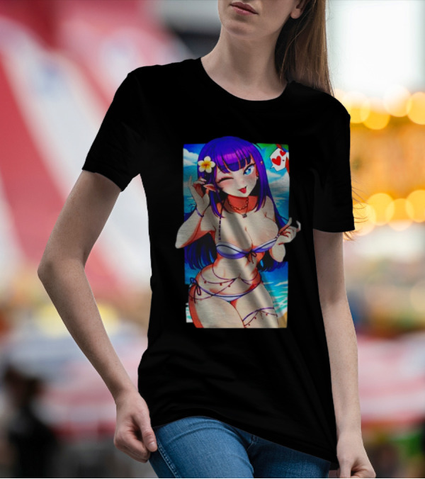 Hot Waifu Chika Fujiwara V2 Beach Anime Girl Winking Playing Card Flower Bikini T-Shirt